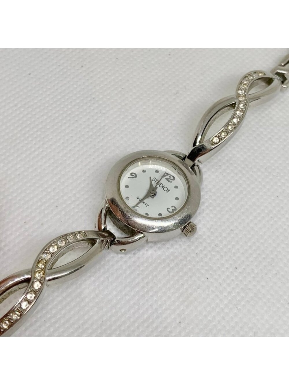 Studio women’s watch silver tone 22mm quartz analog rhinestones 7” running